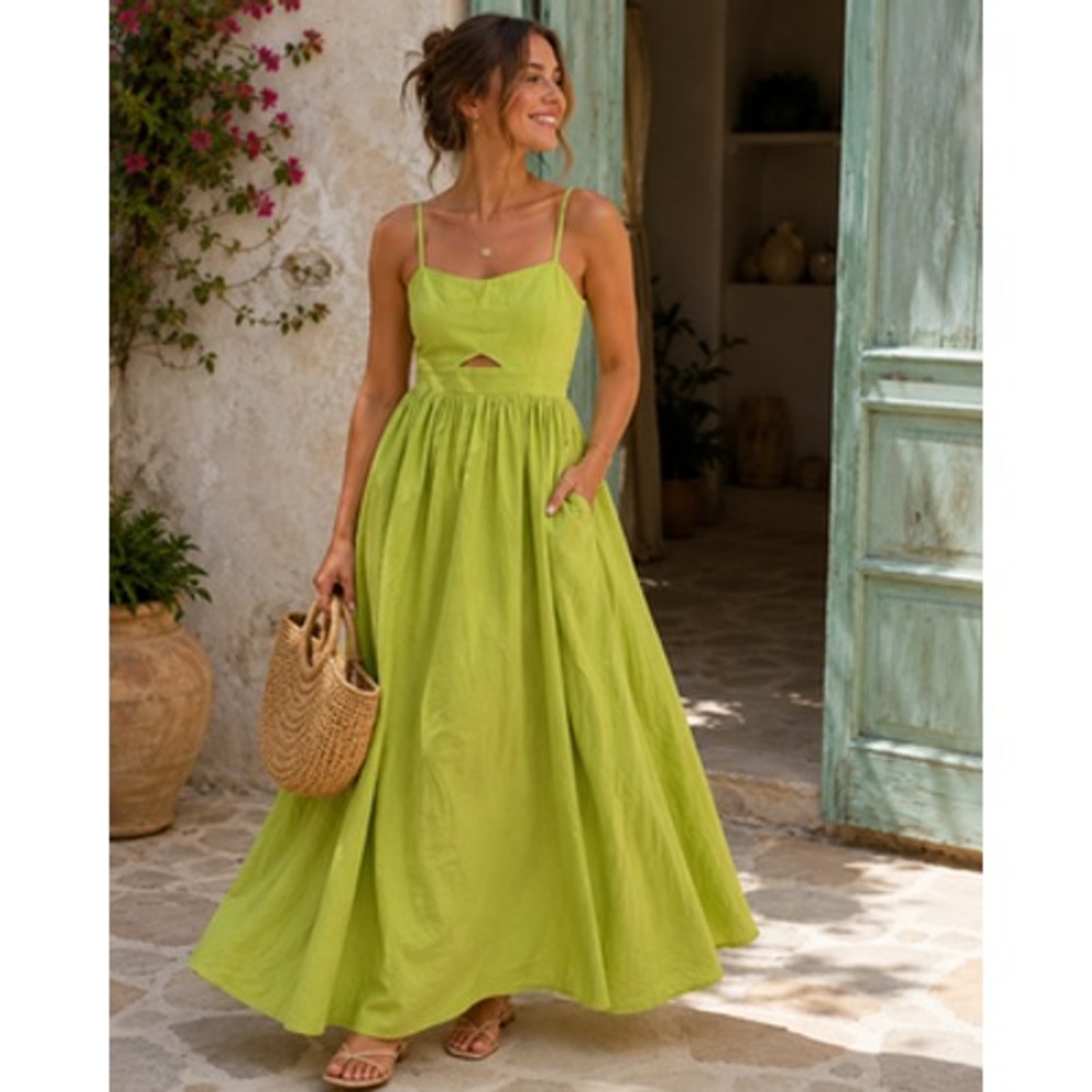 COMMENSE Maxi Dress M Cotton Cutout Smocked Back Cottagecore Sundress